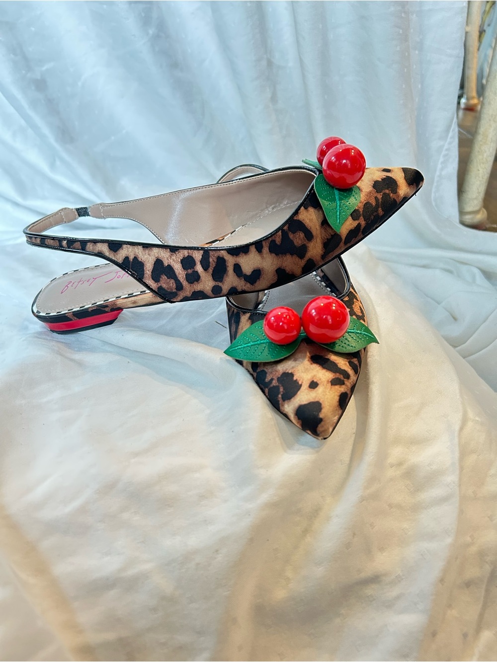 Betsey Johnson Leopard Pointed Slingback Mules with Red Cherry Accent - Picture 1 of 6